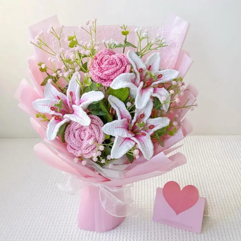 Crochet Lily Bouquet – Pink Stargazer Lilies, 3 Styles, Handmade Yarn Flowers