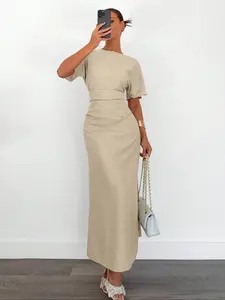 Women's Solid Color Round Neck Dress, Casual Fashion Elegant Classy Flattering Short Sleeve Dress for Daily Outdoor Wear, Women Dress for Summer, Classy Modest Dresses