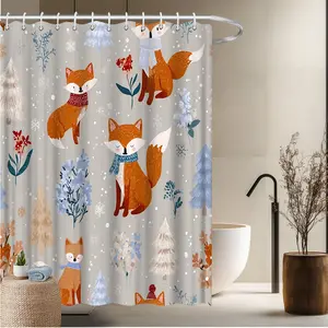 1pcs Animal Theme Bath Curtain-2D Fox Winter Forest Landscape Print Bath Curtain Home Window Curtains Bathroom Decor Bathtub Decor 70.8x70.8 inches