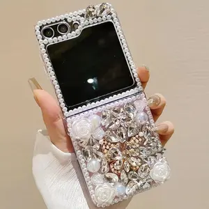 Pearl Rose Full Diamond Foldable Case for Samsung ZFlip3/4/5 | Pearl Edge + 3D White Roses + Crystal Diamond Decor + Foldable Outer Screen Compatible | Shockproof Scratch-Resistant | Date Afternoon Tea Sweet Luxury Sparkling Style