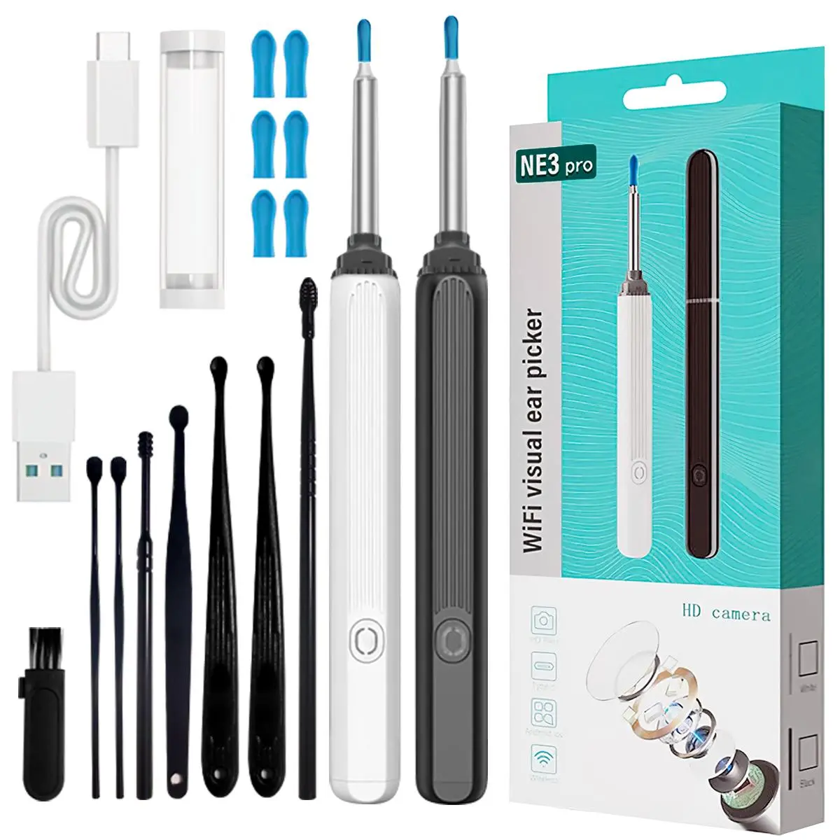 Ear wax Removal Tool with Camera - Portable 360° Wide Angle Ear Cleaner,Waterproof Endoscope Ear Cleaning Tool for iphone and Andriod Phones,Father's Day Mother's Day Gifts Earwax Remover Black Ear Pick Set