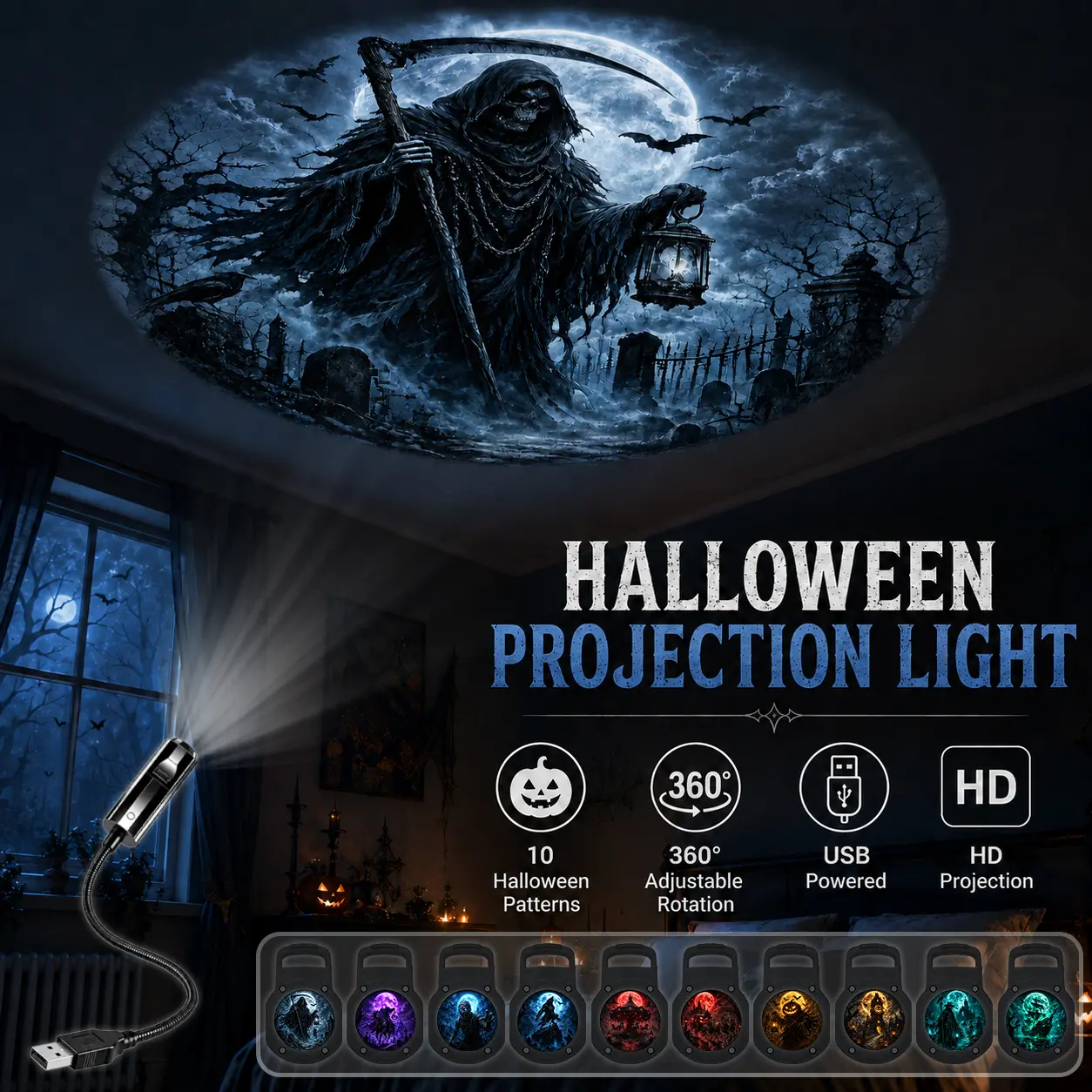 Halloween Projector Light - Indoor Spooky Ceiling Night Lamp for Halloween Decorations, 10 Patterns (Grim Reaper, Mummies, Werewolves, Ghost Ships), Ghost Lamp Specialty & Decorative Lighting, Light Projector Specialty & Decorative Lighting