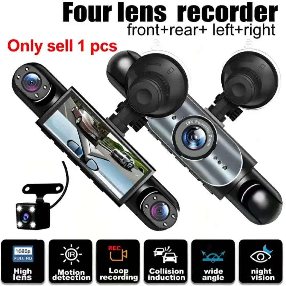 Full View Car Dashboard Dash Cam System, 4 Lenses, Full HD 1080P Recording, Night Vision, 64GB SD Card, G Sensor, Motion Detection, Loop Recording, Night Vision Dashcam, Dash Camera