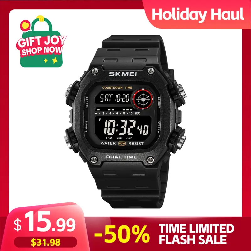 SKMEI Men's Outdoor Digital Wristwatch, Casual Trendy Rectangular Dial Watch, 5ATM Waterproof, Alarm, Chronograph Functionality, Abs, Alarm Clock, Tpu, Rectangle, Digital Display, Analog-Digital