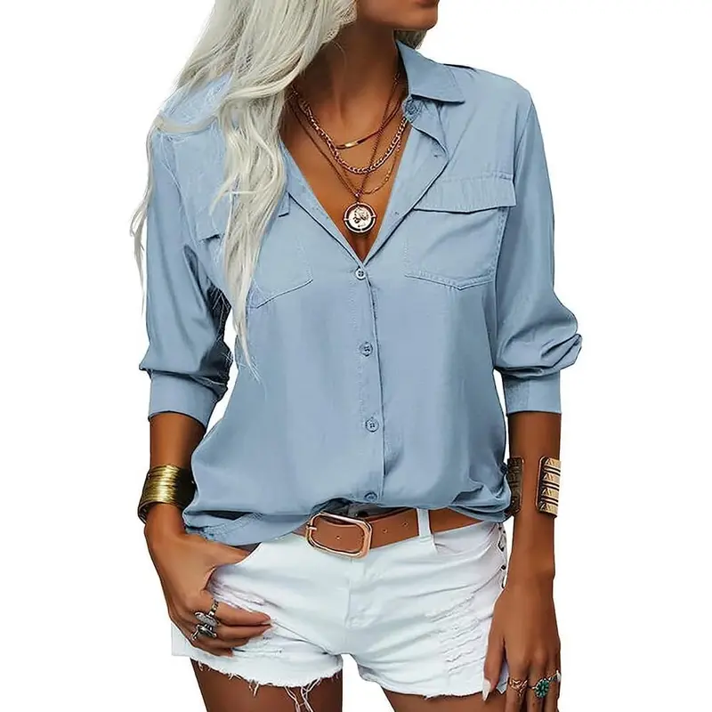 Imily Bela Womens Solid Lapel Long Sleeves Button Down Shirt Top Casual Basic Office Blouse