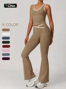 Women's Fashion Tank Top High Waist Micro Flare Yoga Set, Cross Back Design, Comfortable Elastic, Daily Workout Pilates