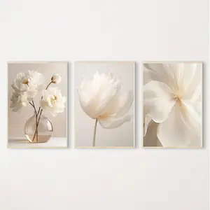 Simple White Peony Flower Posters Beige Plant Canvas Art for Living Room Bedroom Office Deco Wall Art Home Decor Elegance Versatile Stylish