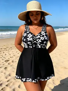 Womens Plus Size Floral Swim Dress | Flattering Black Daisy One Piece Swimsuit | Curvy Vacation Swimwear & Cute Summer Beach Outfit, Floral Print Dress, A-Line Flattery
