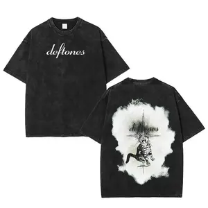 [Winter Outfits]Retro Limited Vintage Black Cat Deftones Like Linus T-Shirt, Rock Band Oversized Cotton Washed Graphic Tee, Gothic Emo Alt Punk Y2K Clothes, Men Gifts