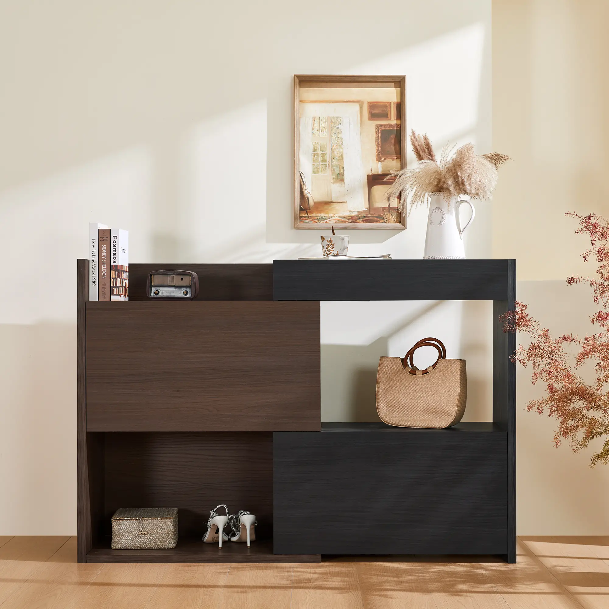 32.5'' - 58.8'' Expandable & Rotating Shoe Cabinet with 1 Drawer - Transforms into 90 - Degree Corner Cabinet! Perfect Multifunctional Storage for Living Room, Hallway, Entryway - Black & Walnut Finish
