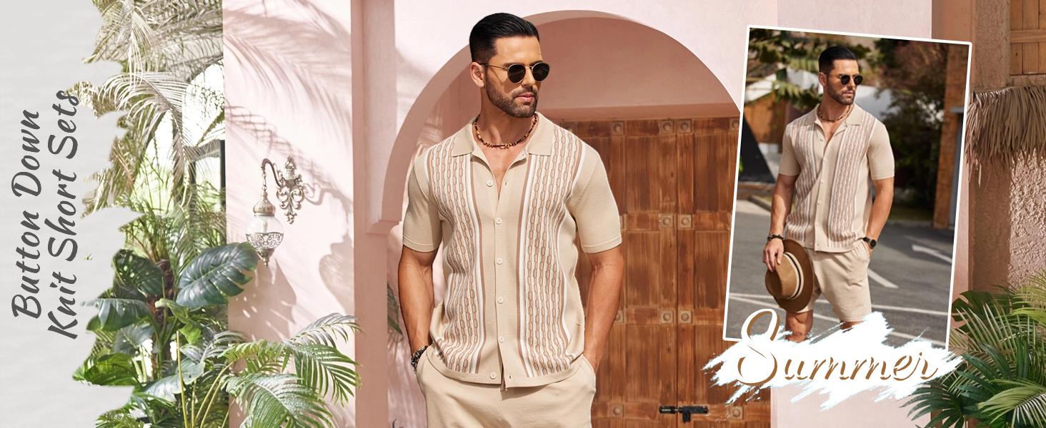 COOFANDY Men's 2 Piece Outfit Vintage Short Sleeve Button Down Knit Polo Shirts Casual Beach Shorts Sets