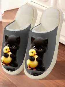 Cute Cartoon Animal Cat Duck Printed Cotton Slippers Fashion Fuzzy Flurry 2025 2026 Indoor Furniture, Fall & Winter New, Casual Style, Textile Upper, Eva Sole