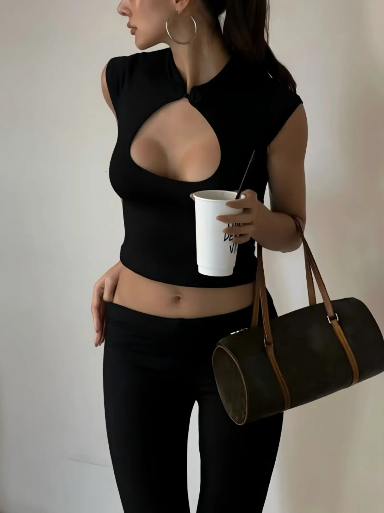 Stand Collar Button Front Short Sleeve Top, Button Closure Top, Button Fastening Tops, Elastic Slim Fit Chest Cut Out Design, Trendy Minimalist T-Shirt for Women, Casual Fashion Wear, Womenswear