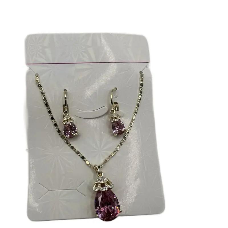 18kg Pink Necklace Set with Elegant Teardrop Pendant and Matching Earrings for Women