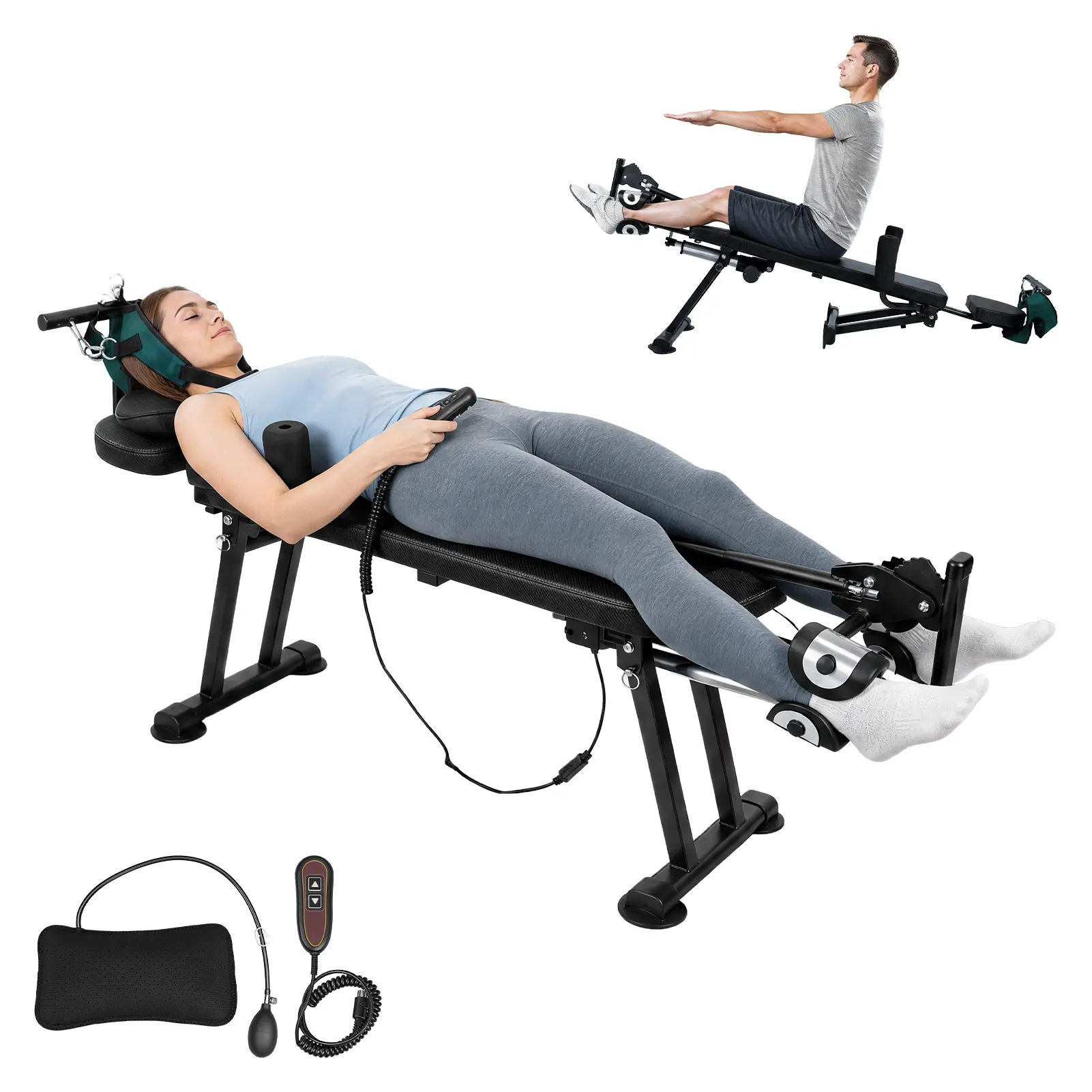 Electric Full Body Traction Stretch Bench, Adjustable Spinal Decompression Machine, 400KG Capacity Lumbar Stretching Device, 2-in-1 Safe Inversion Alternative for Home Gym Posture & Mobility Training