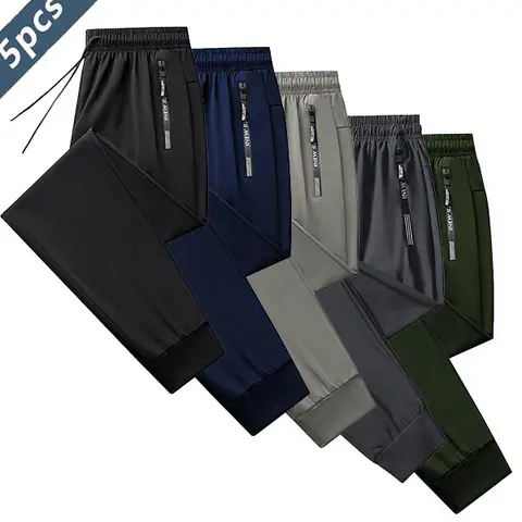 Men's 5PCS Ice Silk Activewear Pants - Drawstring Elastic Waistband, Deep Zippered Pockets, Lightweight High-Elastic Quick-Dry Skin-Friendly Smooth Breathable Fabric, Indoor/Outdoor Athletic Bottoms for Running