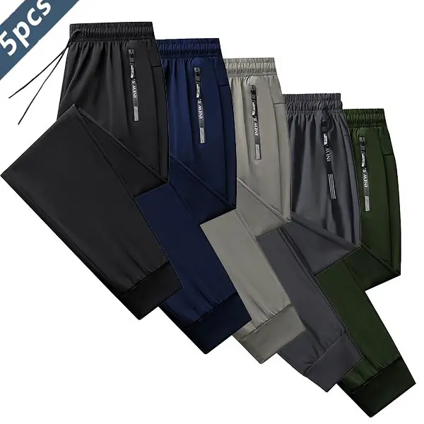 Men's 5PCS Ice Silk Sports Pants - Drawstring Elastic Waistband, Zippered Pockets, Thin High-Elastic Quick-Dry, Skin-Friendly Smooth Fabric, Breathable Athletic Bottoms for Indoor Fitness & Summer Outdoor Activities