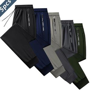 5PCS Ice Silk Sports Pants with Drawstring Elastic Waistband Zippered Pockets Thin High-Elastic Quick-Dry Fitness Trousers Skin-Friendly Smooth Soft Fabric for Indoor Sports & Summer Outdoor Activities Breathable Athletic Bottoms
