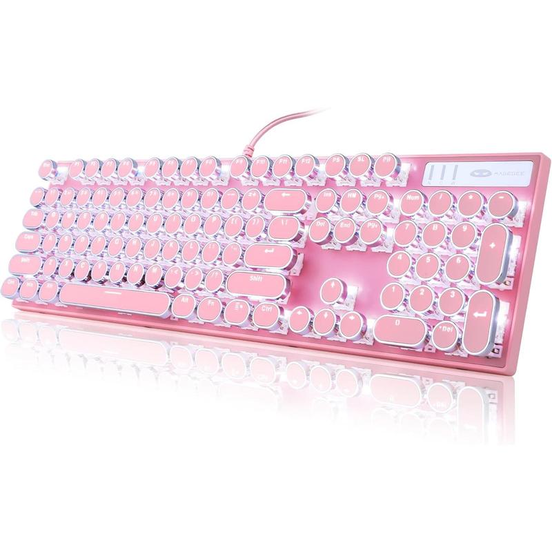 Typewriter Style Mechanical Gaming Keyboard, Pink Retro Punk Gaming Keyboard with White Backlit, 104 Keys Blue Switch Wired Cute Keyboards, round Keycaps for Windows/Mac/Pc Camiysn