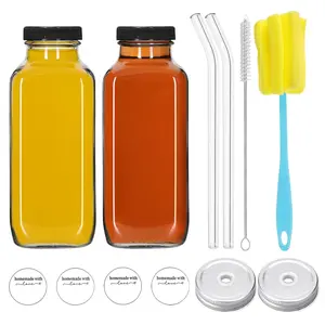Glass Juice Bottles with Lids, Glass Straw Straw Brush and Cup Brush, 2/4 pcs Glass Juice Bottles 480ml, Reusable Wide Mouth Glass Bottles with Lids, Clear Glass Juice Bottles for Milk, Hot Cold Drinks, Homemade Beverages, Water Bottles, Drinkware