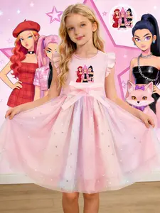 K-Pop Girl Group Gradient Star Moon Mesh Dress, Cute Princess Dress for Girls, Idol Print Lace Dress, Birthday Party, Stage Performance, Summer