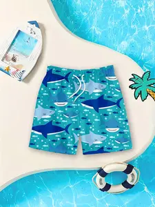 2026 Summer Beach Shorts, Light Blue Shark Full Print Quick-Dry Shorts, Boys' Casual Vacation Beach Pants