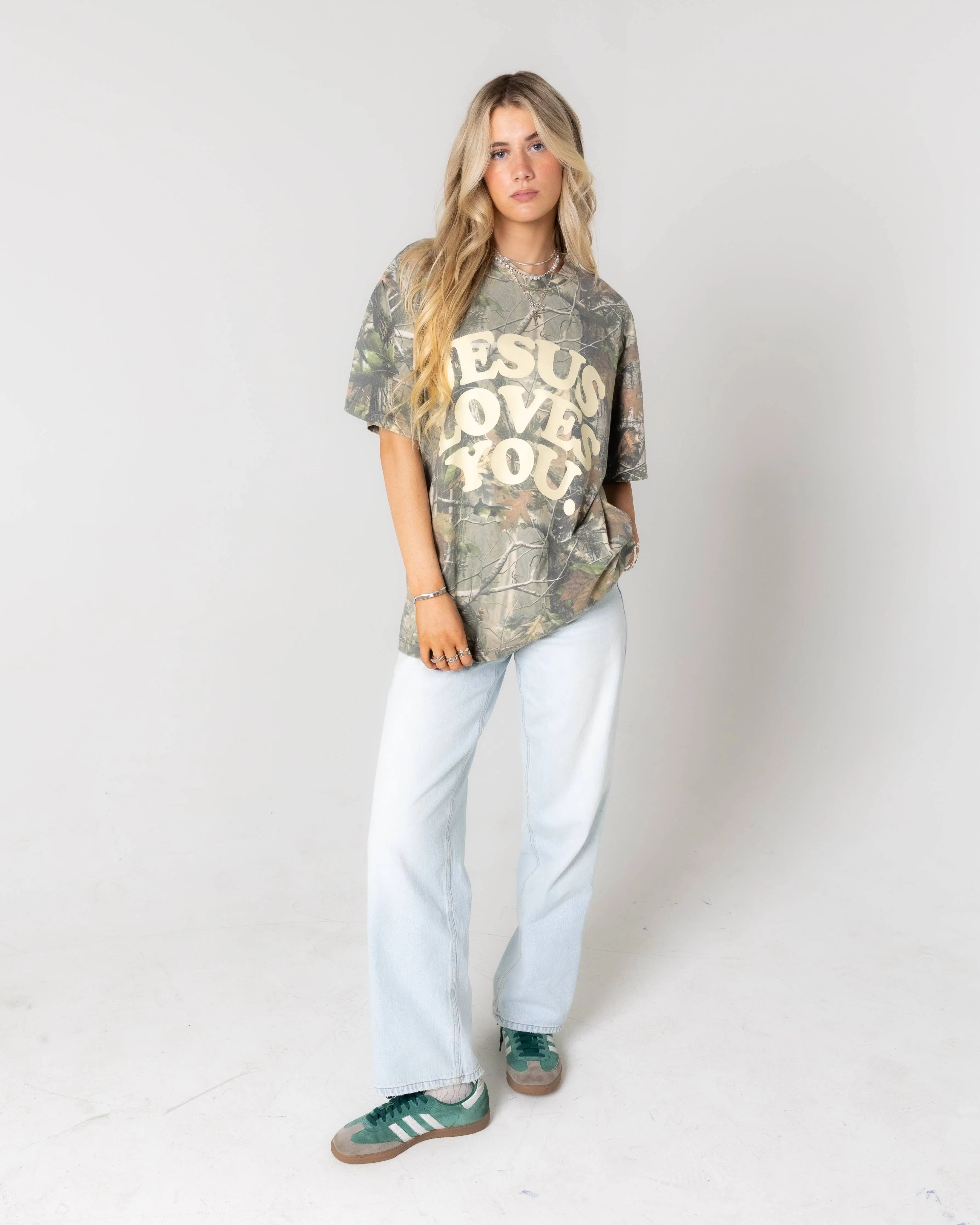 Jesus Loves You Company Women's Jesus T Shirt - LMTD Heavyweight Camo Print Short Sleeve Oversized Casual Wear Top with Bold Text, Ready To Ship, Jesus T Shirts, Graphic Front