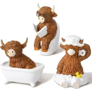 3 count Highland Cow Bathroom Decor, Highland Cow  Figurine with Bathtub/Toilet, Rustic Scottish  Statue  Lovers Gifts for Farmhouse  Bathroom Kitchen Table Decoration