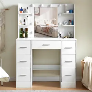 White Dressing Table Vanity Desk Set with 7 Drawers and 10 LED Bulbs Lighted Mirror Modern Makeup Desk with Shelves