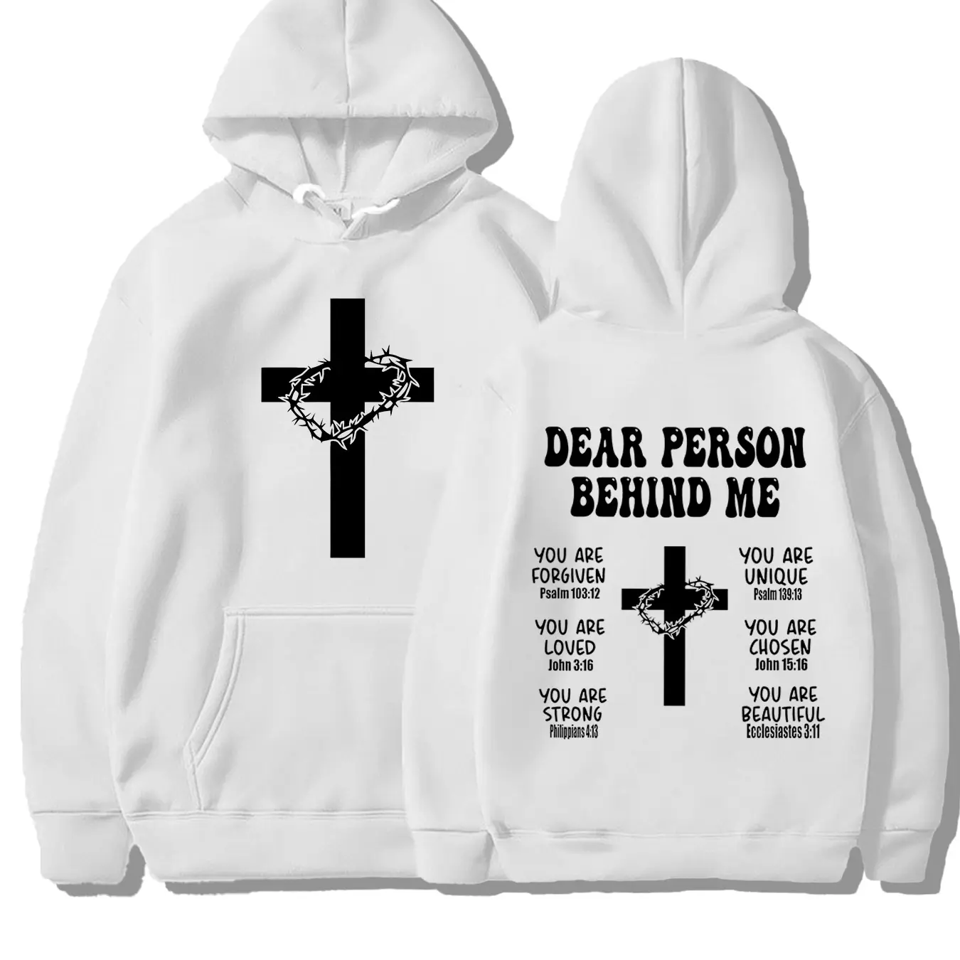 Christian Fitted Hoodie with Bible Verse, Long Sleeve Inspirational Sports Sweatshirt, Faith Cross Graphic Printed Pullover Hoodie, Casual Fall & Winter Wear, Printed Hooded
