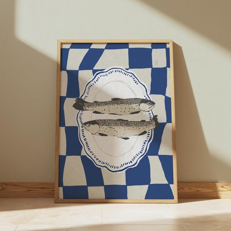 Sardines Poster, Blue Sardines Wall Art, Retro Sardines Print, Blue Checkered Print, Fish Kitchen Decor, Dining Room Decor, Retro Kitche