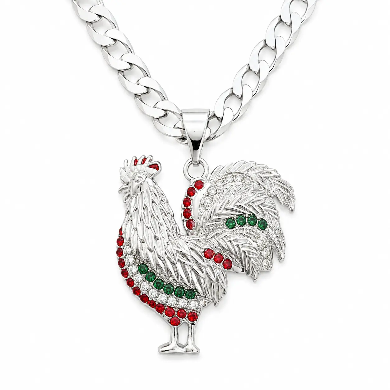S925 Mexico Pride Rooster Zirconia Pendant Necklace – 6MM Flat Cuban Mirror Chain, 24” –in Silver Plated