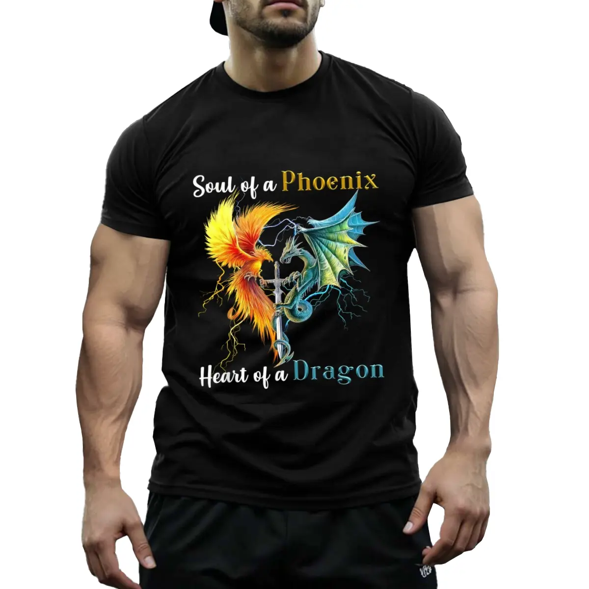 Bold Design Men's Phoenix & Dragon Graphic T-Shirt - Soul of a Phoenix, Heart of a Dragon Design, Black Cotton Crew Neck Tee, Casual All-Season Wear, 180gm, Short Sleeve, Regular Fit, Dragon T Shirt