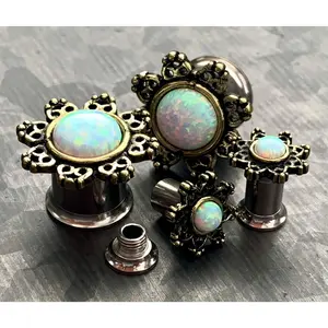 PAIR of Stunning Internally Threaded Lotus Flower with Opal Double Flare Tunnels/Plugs - Gauges 8g (3mm) thru 00g (10mm)