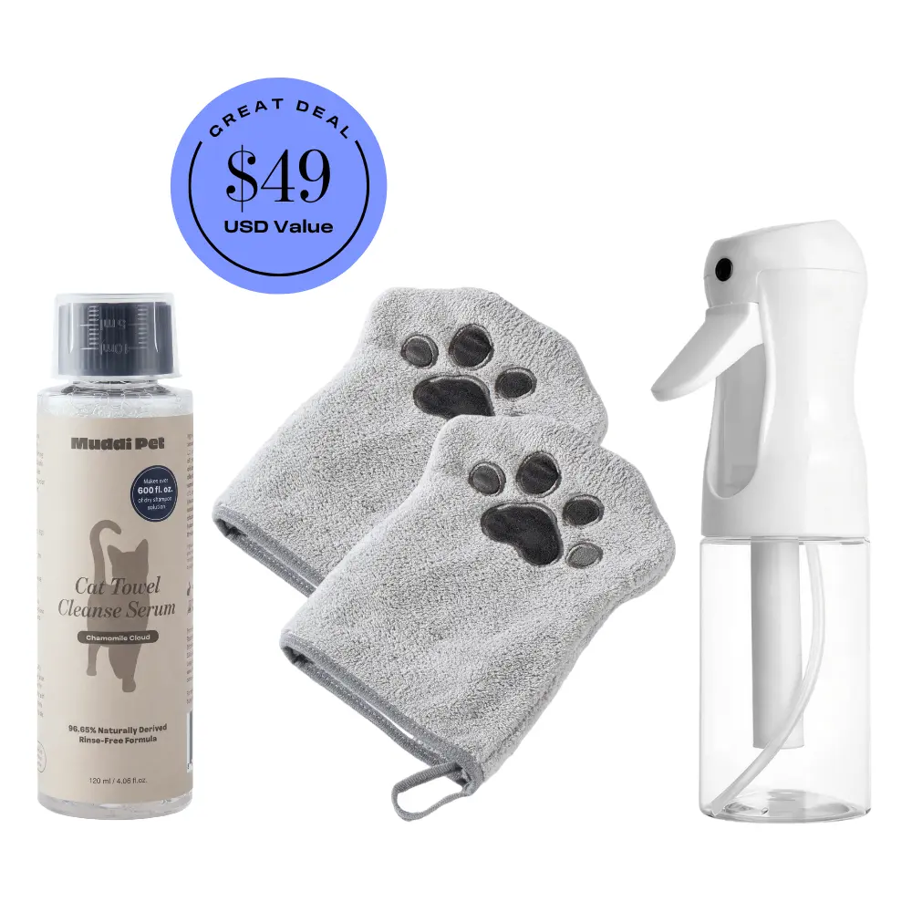 Muddi Pet Cat Concentrated Rinse-Free Shampoo & Conditioner - DIY Set - Dry Shampoo Spray or Sponge Bath - For Sensitive Skin, Stress & Itch Relief Leave-In Serum – 98.65% Naturally Derived, Gentle Cleanse, Hydrate, Soothe & Deodorize