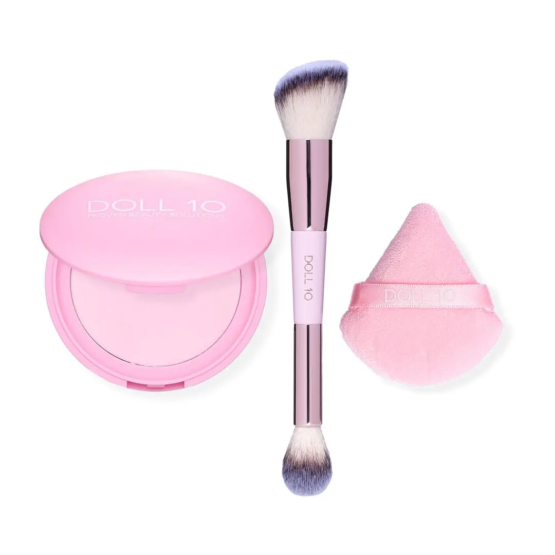 Pink Power Pressed Setting Powder with Brush & Sponge - Brightening Compact Powder - Talc Free Blurring Powder for Face - Vegan, Clean Beauty - Soft Matte Finish - 4 Month Supply