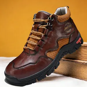 Men's New Fashion Mid-top Casual Shoes Lace-up Outdoor Hiking Leather Boots, gym  shoes
