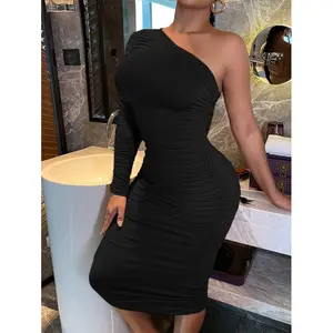 One Shoulder Ruched Side Bodycon Dress,Prom Dress