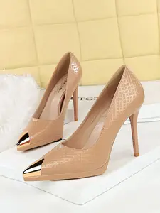Women's High Heel Stiletto Heeled Pumps, Metal Pointed Toe Slip-On Single Shoe, PU Leather Elegant Design for Women, Perfect for Evening Wear & Parties