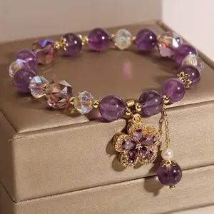 Elegant Purple Diamond Bracelet, Light Luxury 8mm Bead Bracelet, Five Flower Pendant, Bracelet, Jewelry, Wedding Anniversary Gift and Mother's Day Gift
