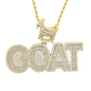 Iced Out GOAT Pendant Necklace with Golden CZ Goat Charm, Hip Hop Rope Chain for Mens, Statement Artificial Gemstone Jewelry, Streetwear Gift
