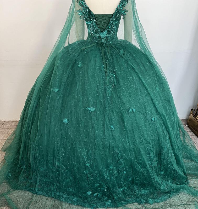 NO.41 Flowers and Metallic Lace Sparkle Tulle Quinceañera Dress With a cape bodycon party plain mature blue dress quince sequin dress Formal Womenswear party maxi Wedding Ceremony