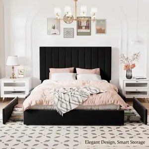 Full Queen King Size Storage Bed Frame Vertical Channel Tufted Adjustable Headboard Velvet Upholstered Platform Bed With 4 Oversized Underbed Drawers Wooden Slats Support No Box Spring Needed Black