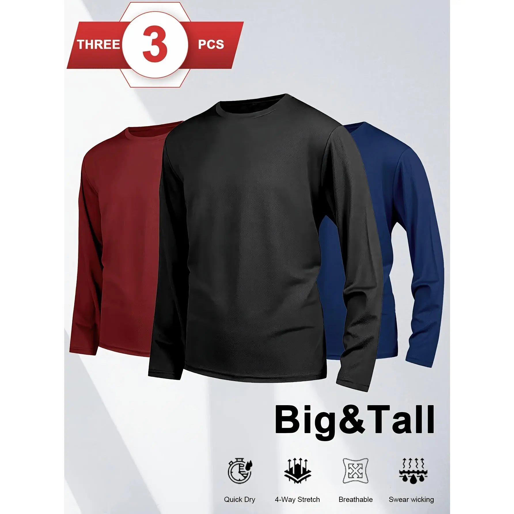 Men's Athletic Shirt 3-Pack, Big & Tall Long Sleeve Solid Color Quick-Dry Performance Tee for Workouts, Activewear T Shirt, Fitness Workout Shirt