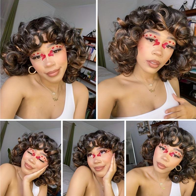 Synthetic Loose Big Curly Wigs - With Bangs For Women - Bouncy Curly Wigs - Short Afro Curly Wigs - For Daily Party Cosplay Halloween Use