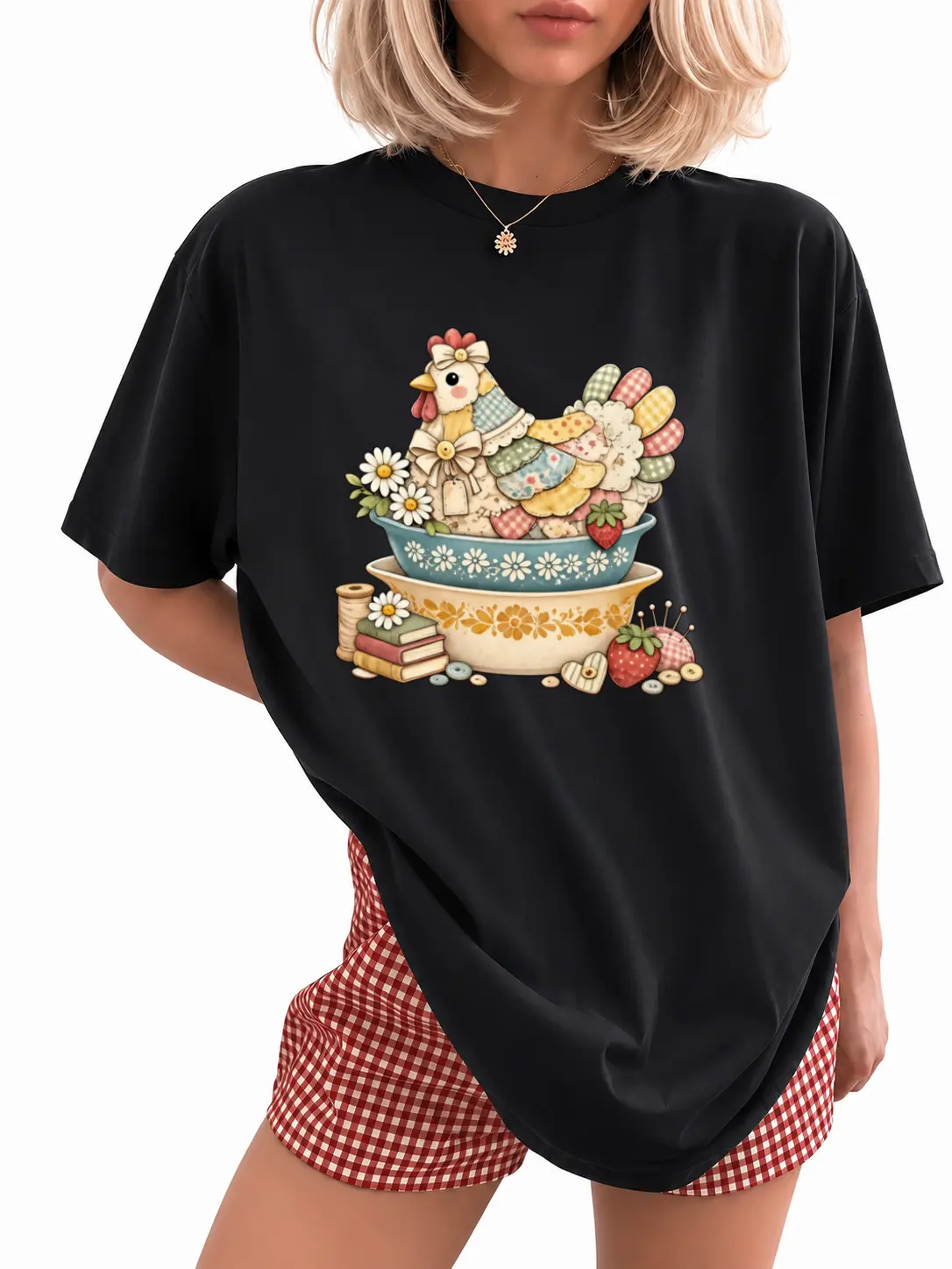 Patchwork Vintage Chicken Pyrex Inspired T-Shirt, Quilted Hen on Nest, Grandma Core Vintage Kitchenware Shirt, Printed Shirt Check Fabric