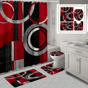 1/4pcs Elegant red, black, white, and geometric pattern bathroom shower curtain and mat set, includes 12 hooks, non-slip bathroom mat, non-slip toilet U-shaped mat, toilet seat cover, bathroom partition, modern home decor, Shower Curtain Sets
