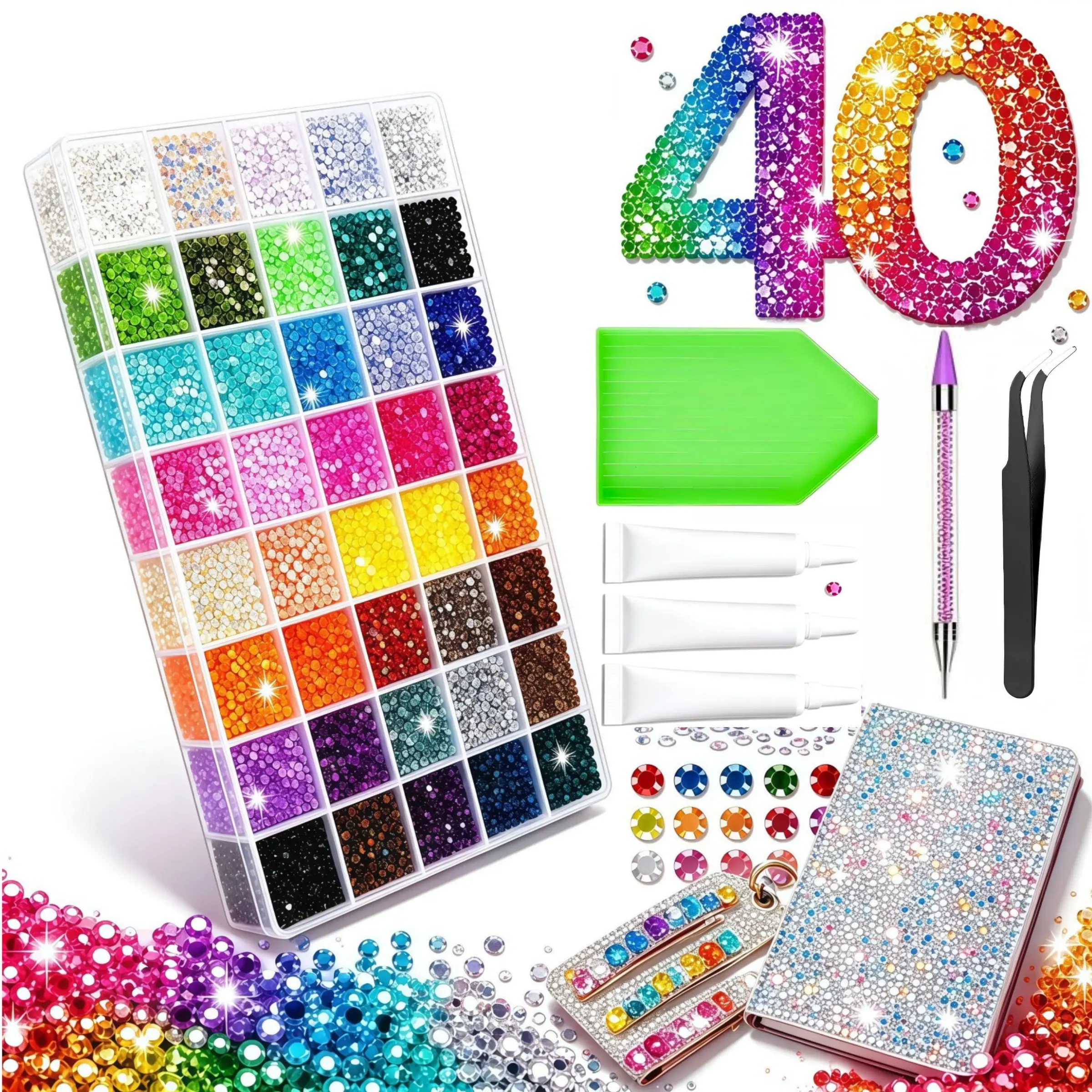 40000Pcs Jelly Resin Bedazzling Kit, 3mm Multicolor Flatback Rhinestone, Ideal for Diamond Art and Craft Gifts—A Sparkling Decorative Set with Rhinestones