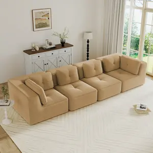 Modern Modular Sectional Sofa for Living Room, Corduroy Fabric, Oversized 4-Seater with Deep Seat , Pearl-like piping, Tufted Design, No Assembly, Anti-slip Design, Camel