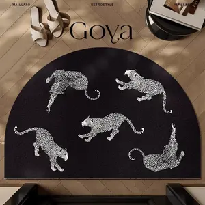 Retro cheetah semi-circular floor mat with black and white contrasting color, anti slip foot mat for entryway, household dust removal, easy to maintain door mat suitable for American retro/light luxury style home decoration, Leopard Print Rug